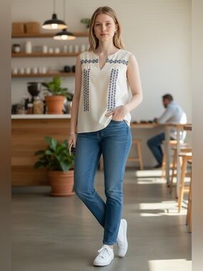 Artisan White Sleeveless Embroidered Camisole with Navy and Grey Motif